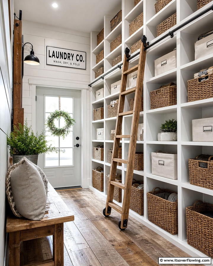 Sliding Ladder for Vertical Storage Access - 20 Farmhouse Mudroom Ideas for a Rustic Entryway