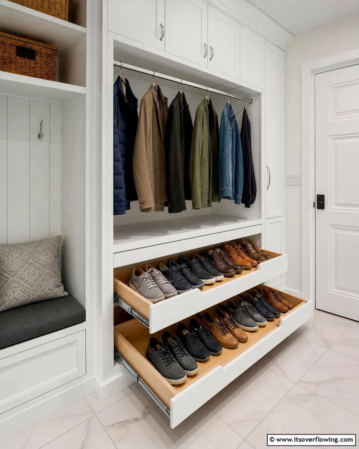 Sliding Shoe Trays for Accessibility - 20 Coat Closet Ideas for Organized Entryways
