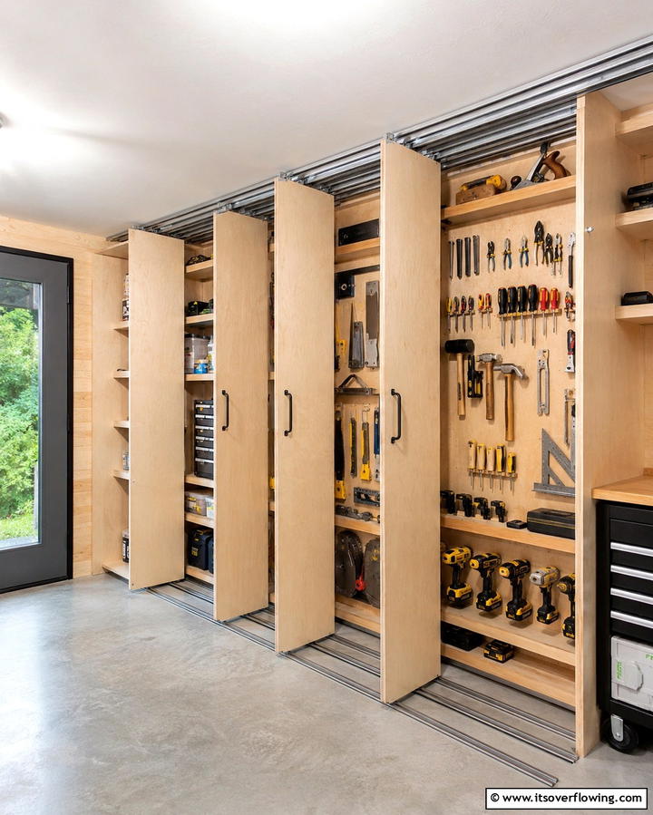 Sliding Storage Panels - 25 Shed Organization Ideas to Declutter Your Outdoor Space