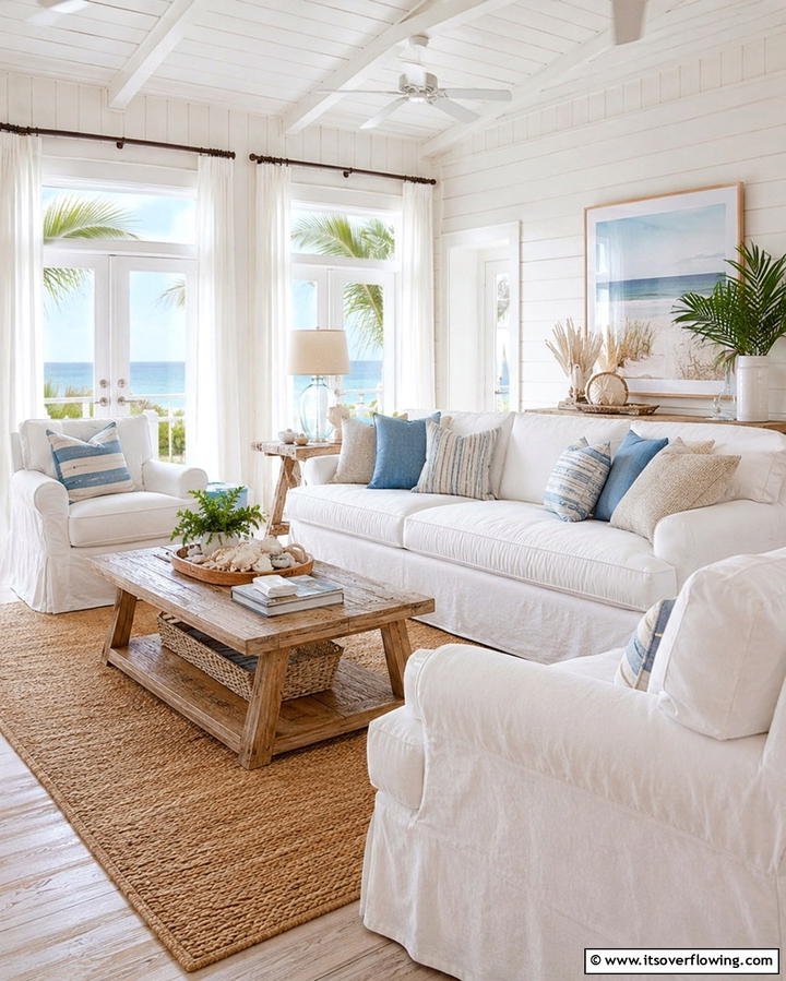 Slipcovered Furniture - 25 Beach House Living Room Ideas for a Coastal Vibe