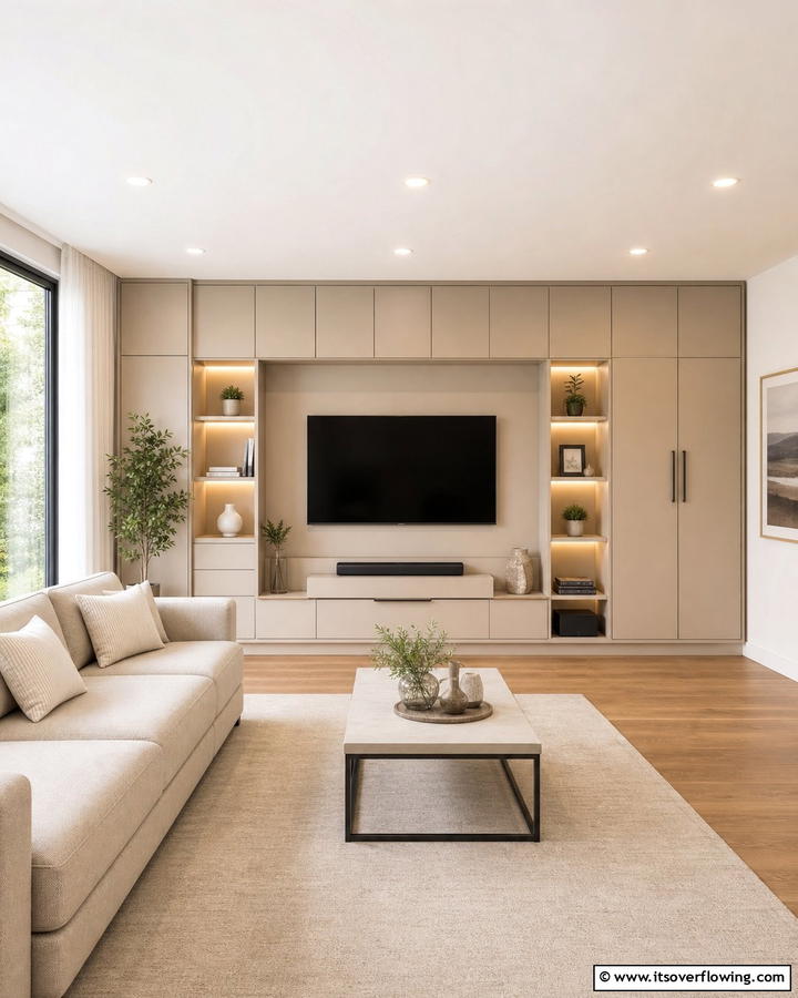 Smart Beige Storage Solutions - 21 Elegant Beige Living Room Ideas for Timeless Comfort