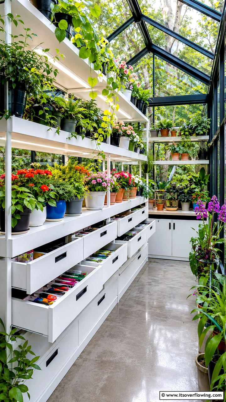 Smart Shelving with Storage Drawers - 30 Greenhouse Shelving Ideas- Organized Plant Storage