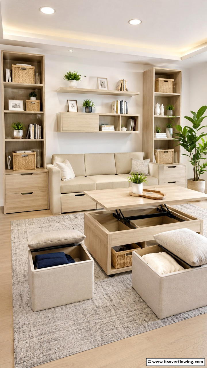 Smart Storage Solutions - 30 Beige Couch Living Room Ideas for Neutral Elegance