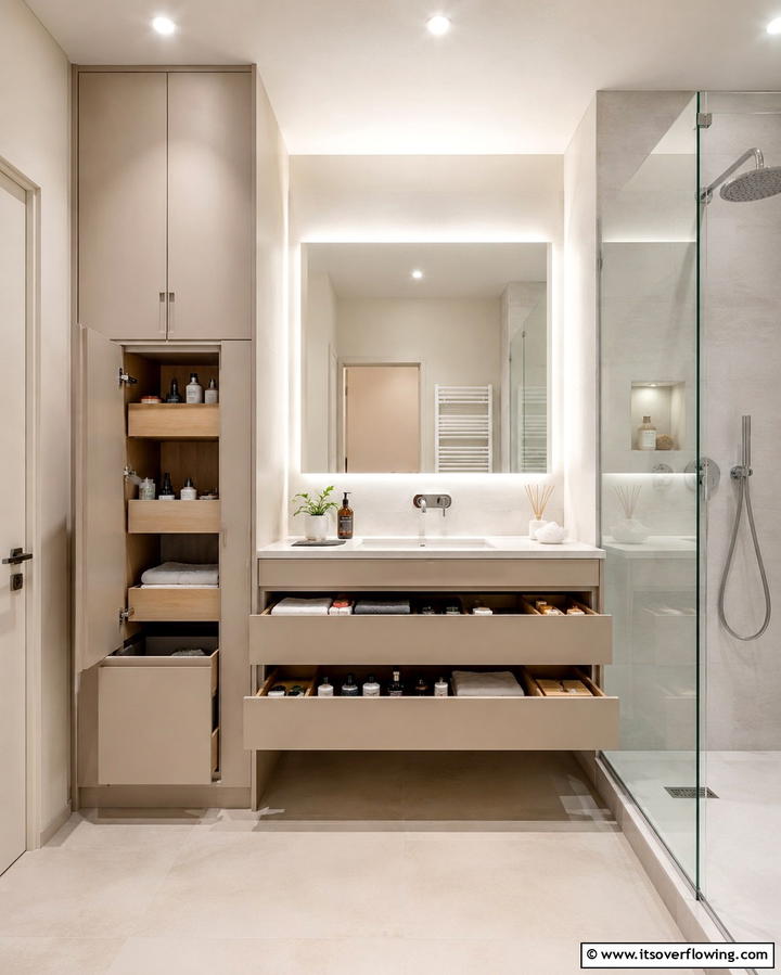 Smart Storage Solutions - 30 Beige Bathroom Ideas for Timeless and Serene Design Schemes