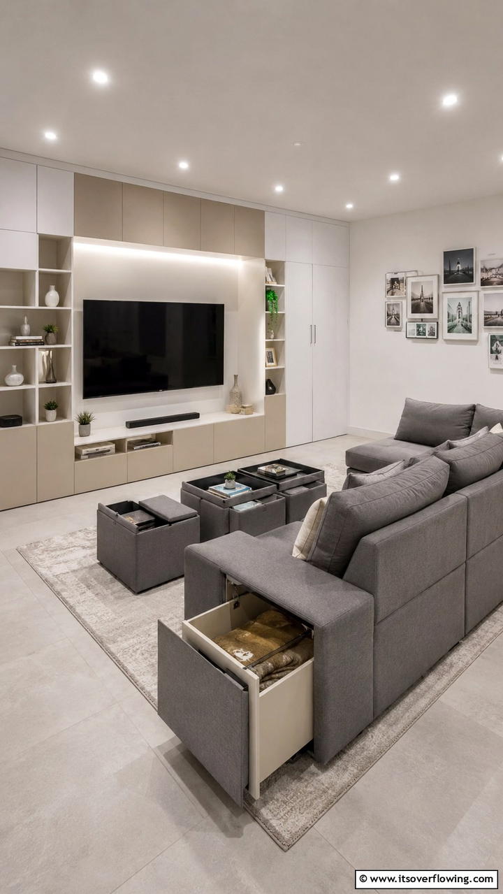 Smart Storage Solutions - 30 Grey and Beige Living Room Ideas- Warm Minimalist Designs