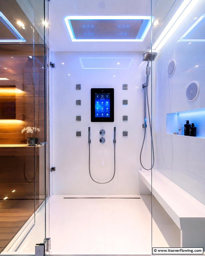 Smart Tech Integrated Shower - 30 Space-Efficient Corner Shower Ideas for Modern Bathrooms