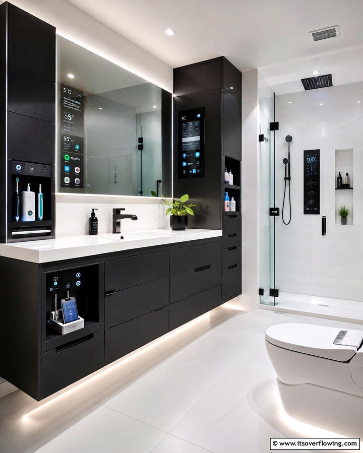 Smart Tech Integration - 30 Black Cabinet Bathroom Ideas for Dramatic Modern Spaces