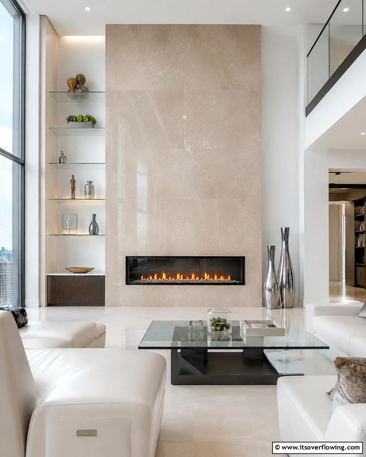 Smooth Polished Stone for Modern Minimalism - 25 Floor-to-Ceiling Stone Fireplace Ideas for Cozy Homes