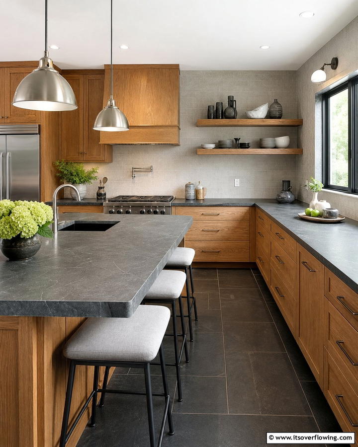 Smooth Slate Elegance - 30 Countertop Colors That Harmonize With Oak Cabinets
