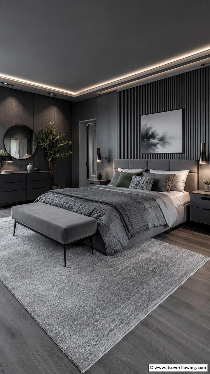 Smooth Transitions in Design - 30 Dark Grey Bedroom Ideas for Modern Serene Spaces