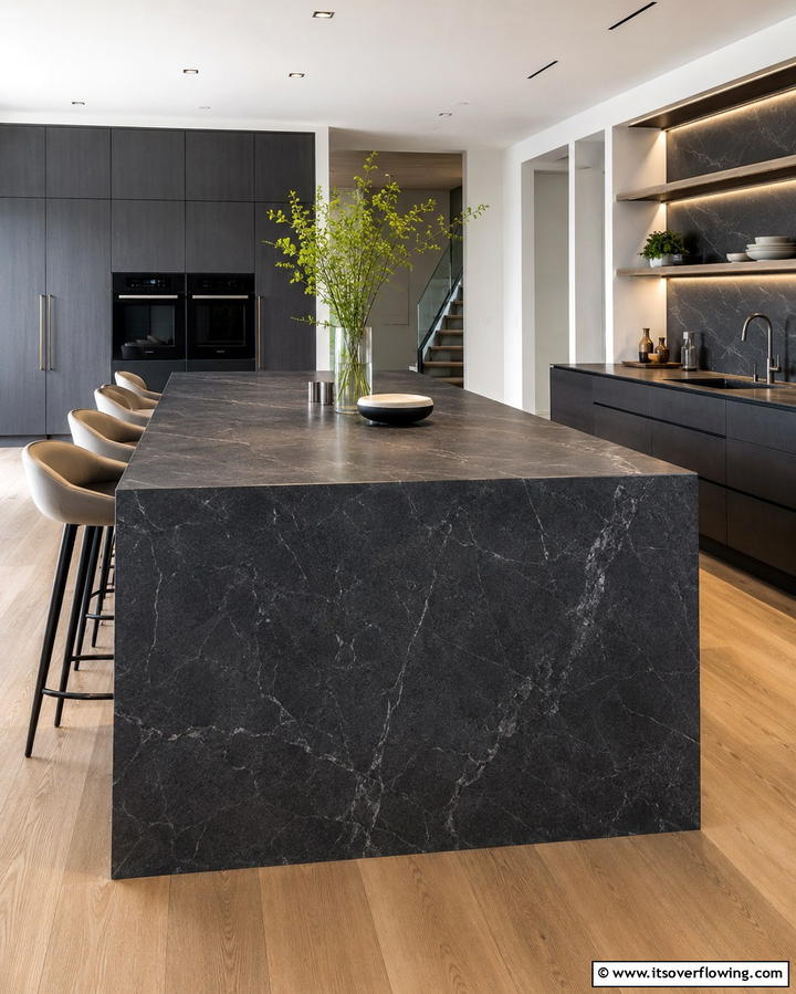 Soapstone Islands with Waterfall Edge - 25 Soapstone Kitchen Countertops Design Ideas