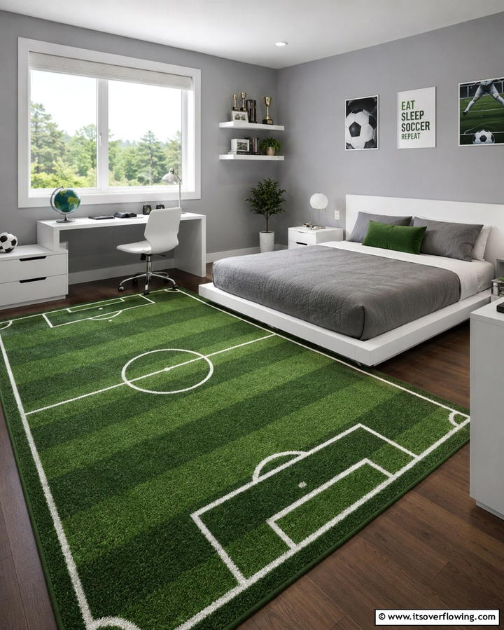 Soccer Field Inspired Rug - 30 Sporty Soccer Bedroom Ideas for Young Athletes