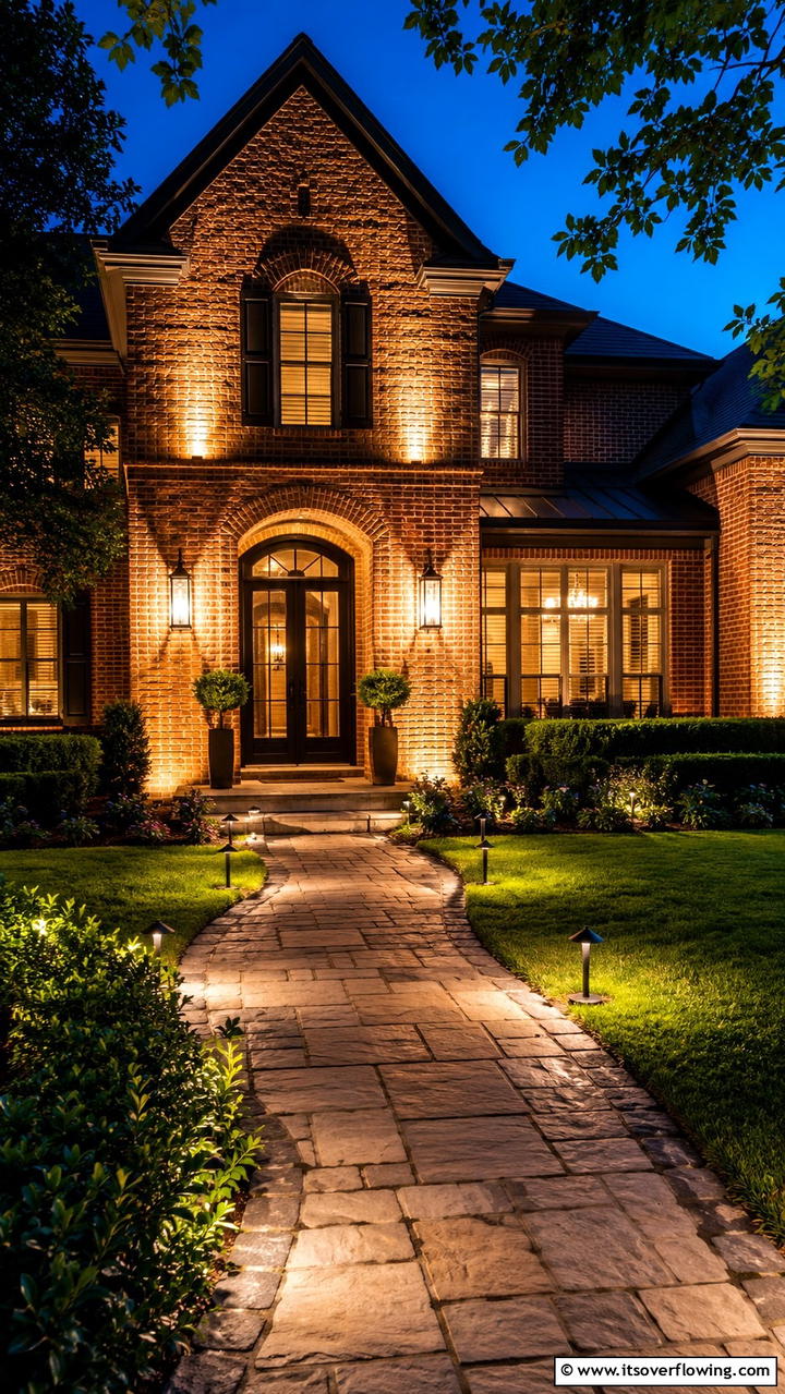 Soft Ambient Lighting - 30 Brown Brick Exterior Home Ideas for Timeless Curb Appeal