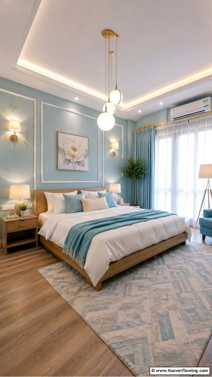 Soft Ambient Lighting - 30 Duck Egg Blue Bedroom Ideas for Serene Spaces