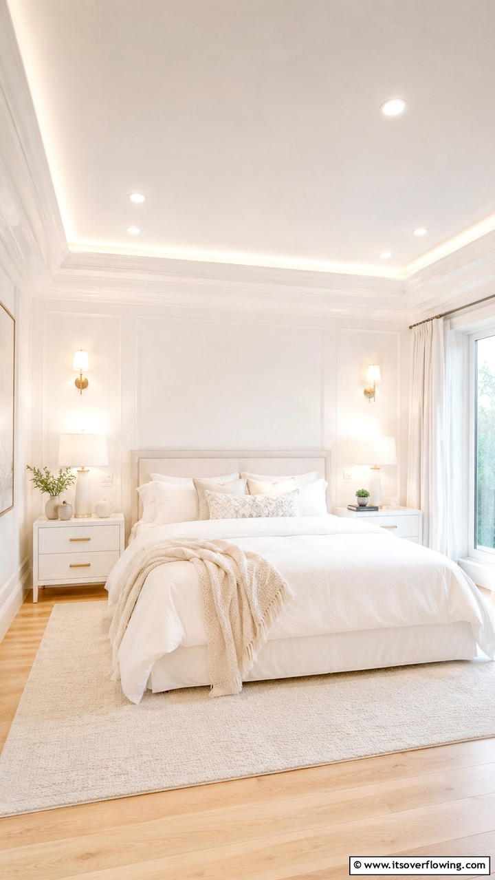 Soft Ambient Lighting - 21 Serene White Bedroom Ideas for a Calming Retreat