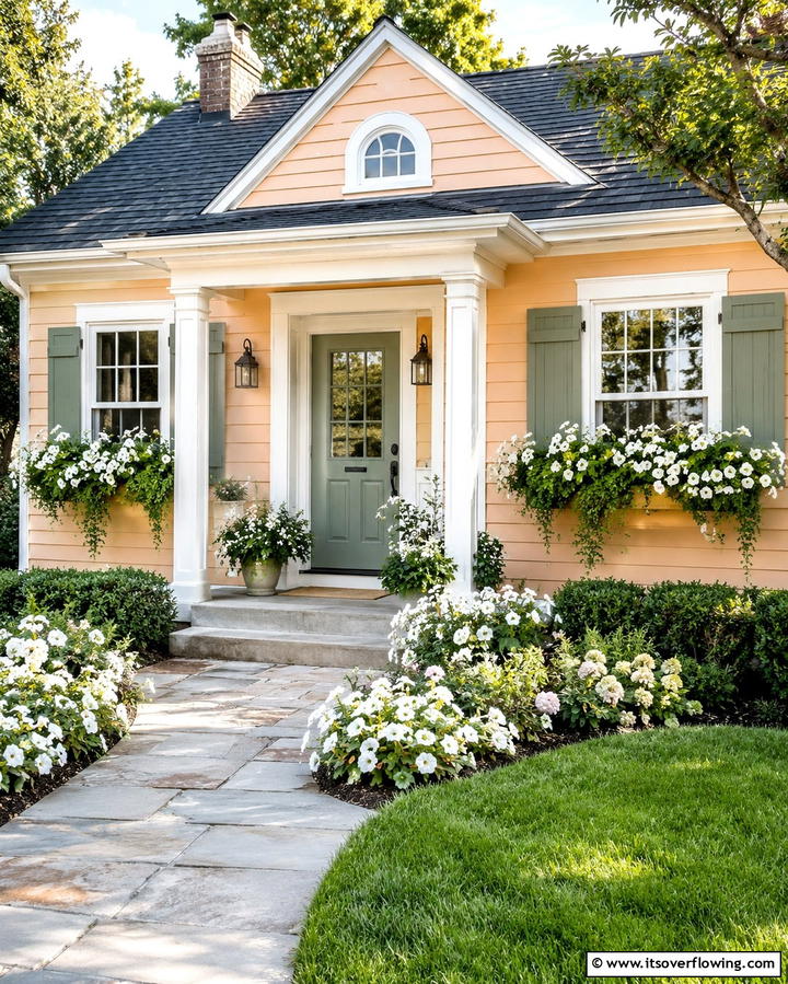 Soft Apricot with White and Green Accents - 25 Orange House Exterior Ideas for a Bold Look