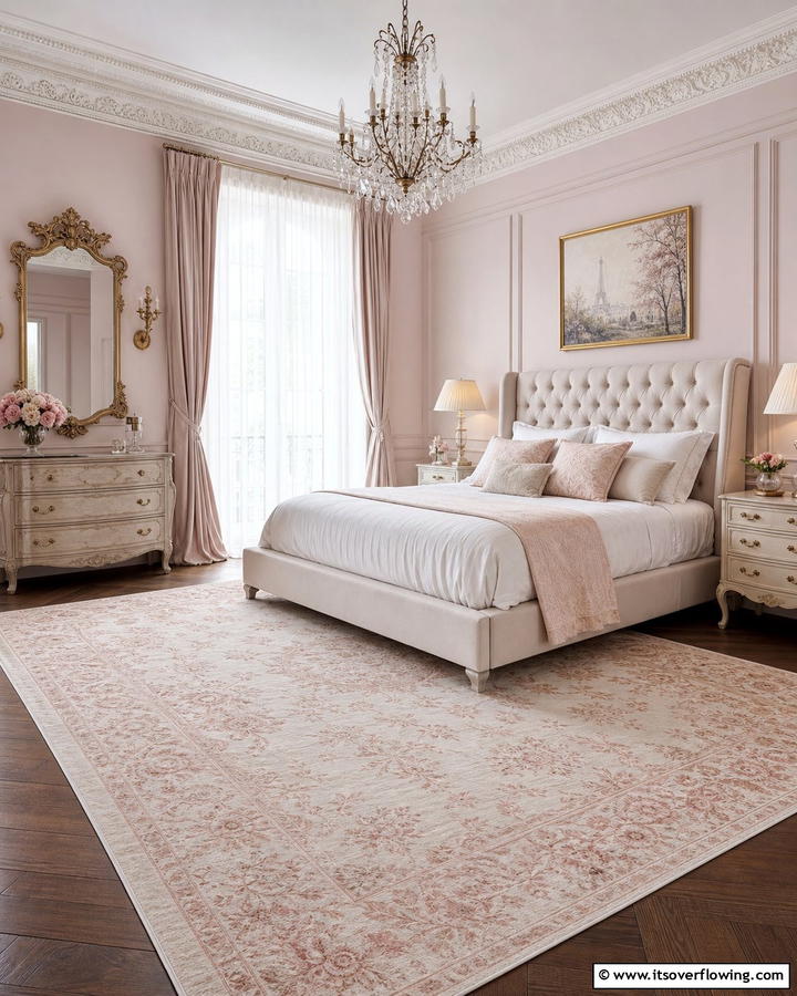 Soft Area Rugs with Subtle Patterns - 20 Parisian Themed Bedroom Ideas for Elegant Living