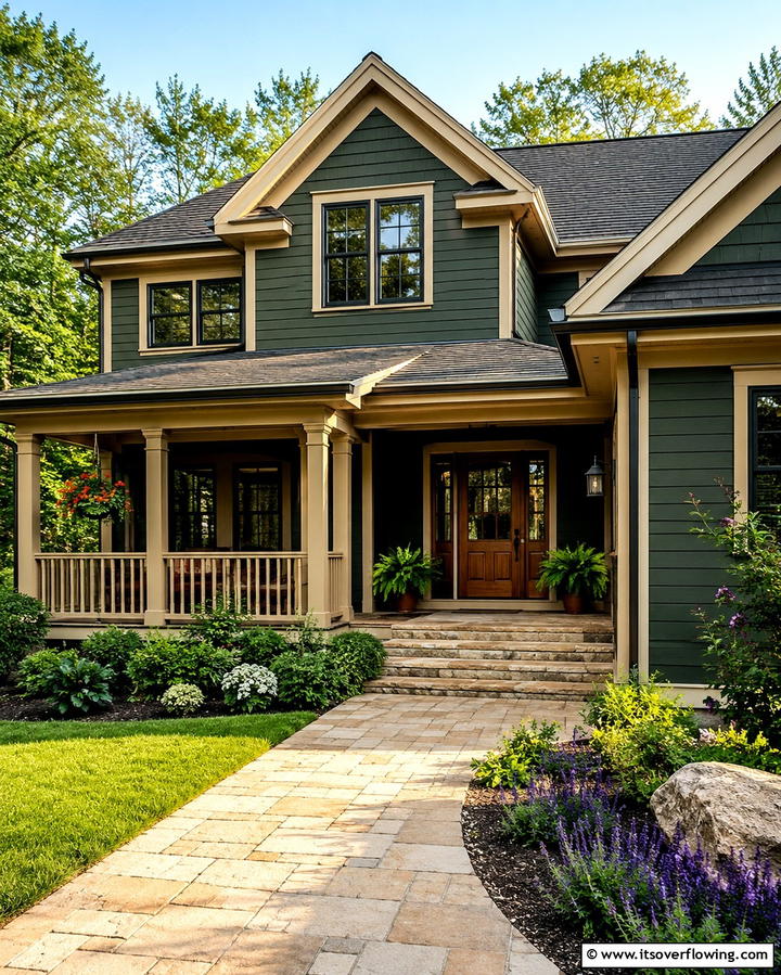 Soft Beige for Balance - 30 Stunning Dark Green Exterior House Designs for Curb Appeal