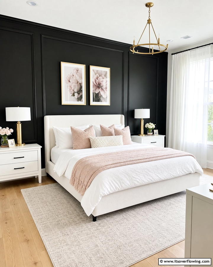 Soft Black Accent Wall - 20 Feminine Black and White Bedroom Ideas for Elegance