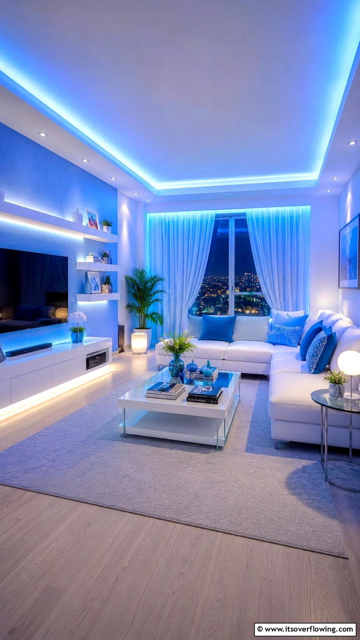 Soft Blue Ambient Lighting - 30 Blue and White Decor Ideas for a Fresh and Serene Home Style