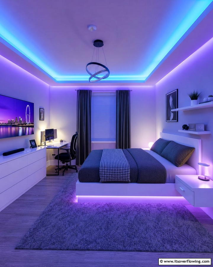 Soft Blue Lighting with Purple Undertones - 20 Blue and Purple Bedroom Ideas- Vibrant & Cozy Designs