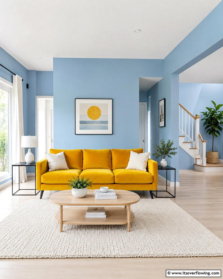 Soft Blue Walls with Yellow Furniture - 25 Yellow and Blue Living Room Ideas for a Fresh Look
