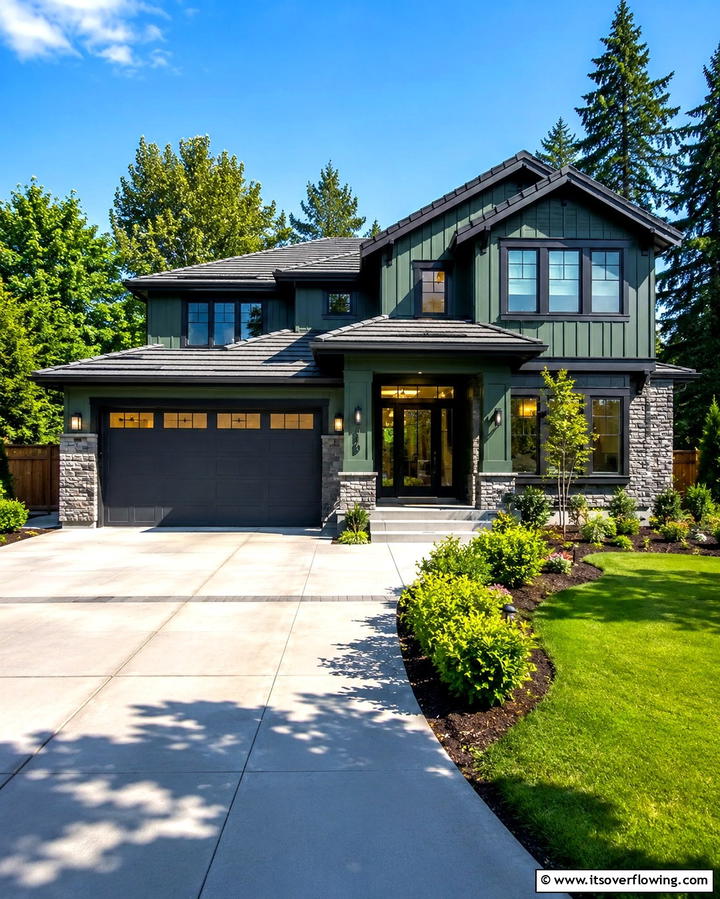 Soft Gray Accents - 30 Stunning Dark Green Exterior House Designs for Curb Appeal