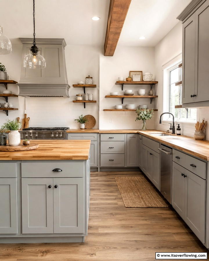 Soft Gray Cabinets Paired with Butcher Block Countertops - 25 Farmhouse Kitchen with Gray Cabinets Ideas