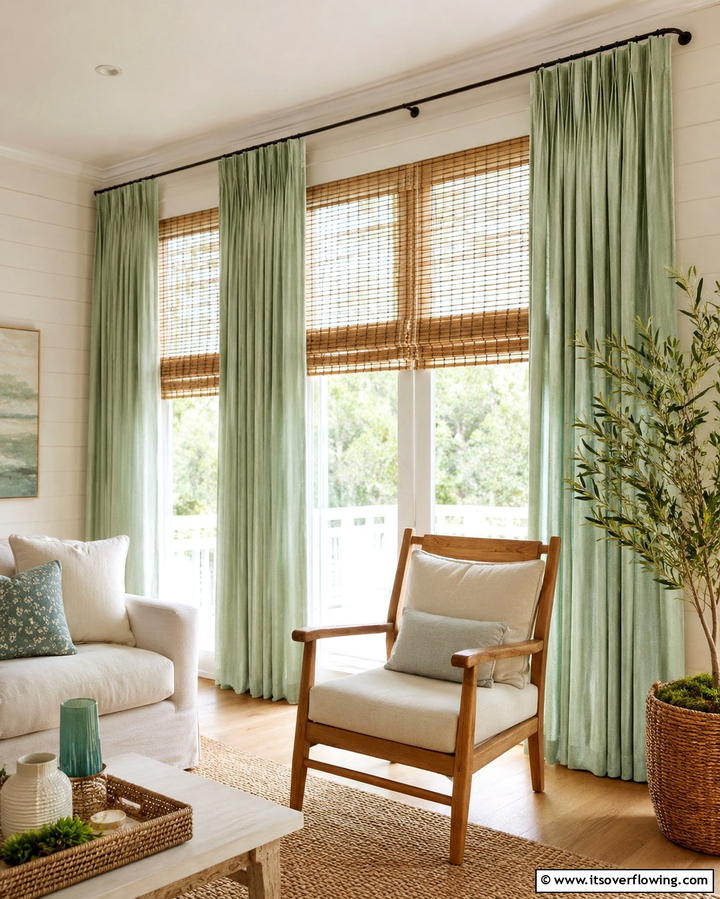 Soft Green Curtains with Wooden Blinds - 25 Green and Brown Bedroom Ideas for Earthy Vibes