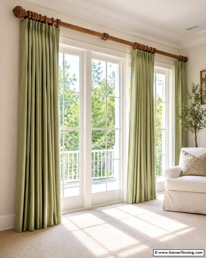 Soft Green Curtains with Wooden Rods - 25 Green and Brown Bedroom Ideas for Earthy Vibes