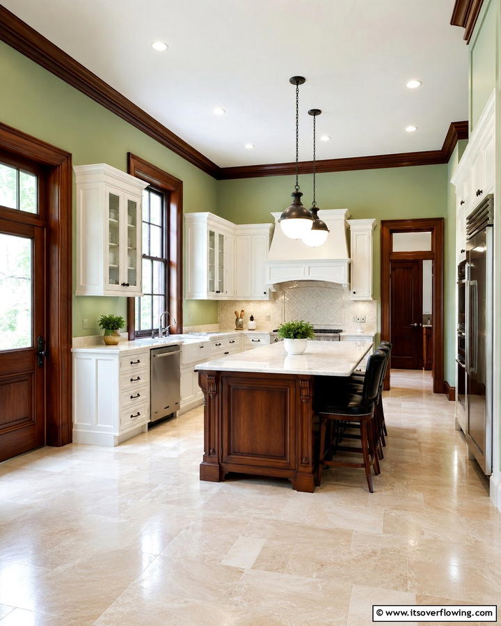 Soft Green Walls with Dark Wood Trim - 25 Warm Green and Brown Kitchen Design Ideas