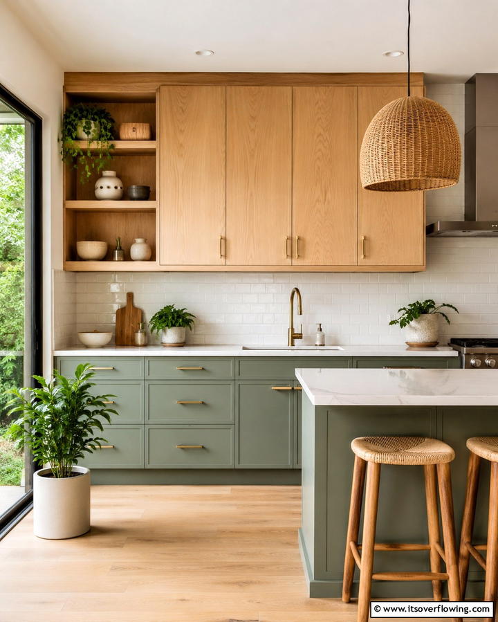 Soft Green and Natural Wood Harmony - 25 Two-Tone Kitchen Cabinet Ideas for a Modern Look