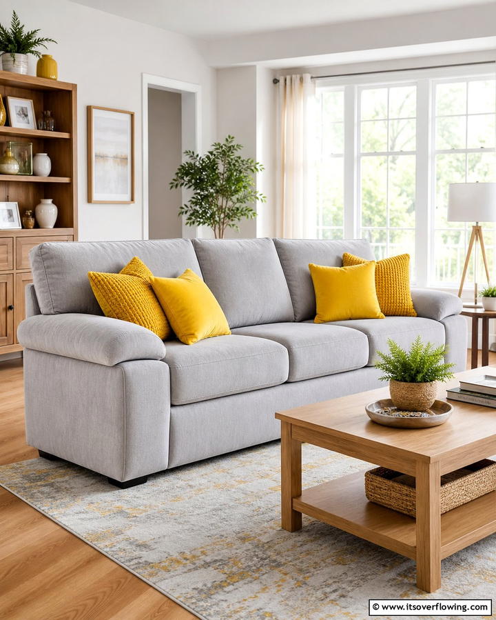 Soft Grey Sofa with Yellow Cushions - 25 Grey and Yellow Living Room Ideas