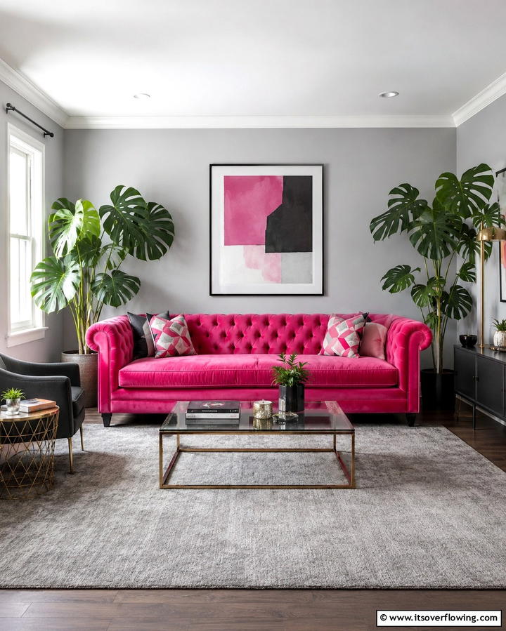Soft Grey Walls with Pink Velvet Sofa - 25 Pink and Grey Living Room Ideas for a Chic Space