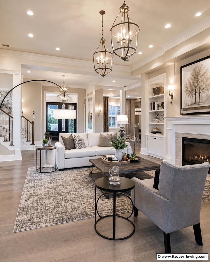 Soft Layered Lighting - 21 Neutral Living Room Ideas for Calm & Versatile Decor