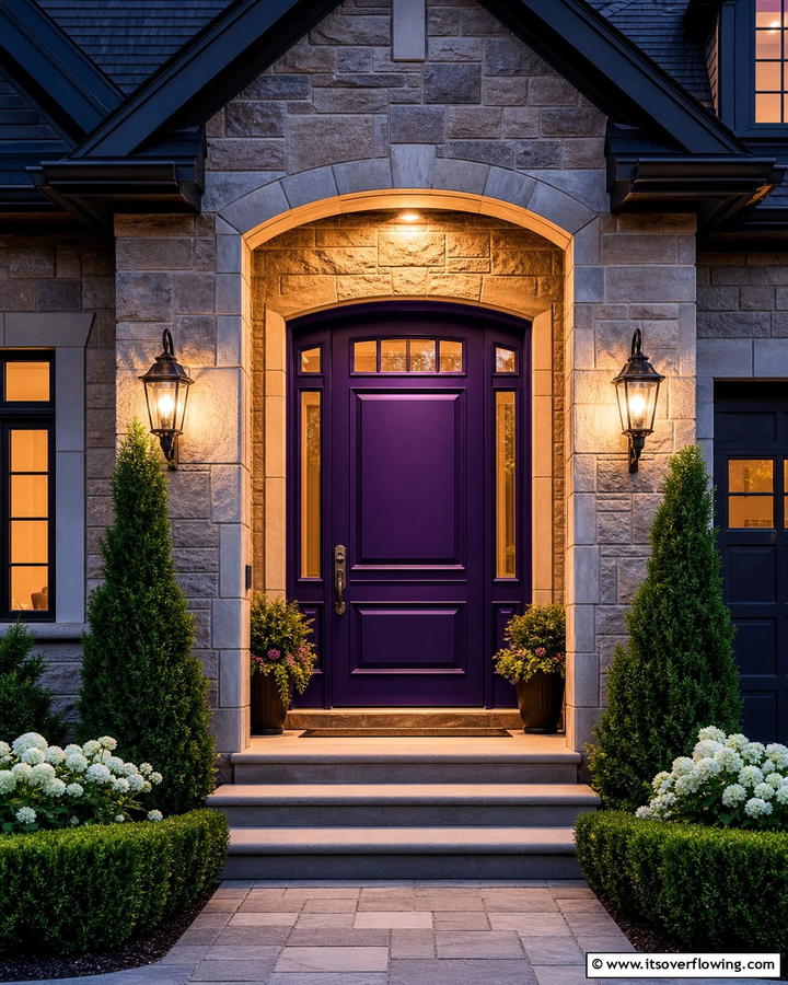 Soft Lighting for an Inviting Glow - 20 Dark Purple Front Door Ideas for a Bold Entrance