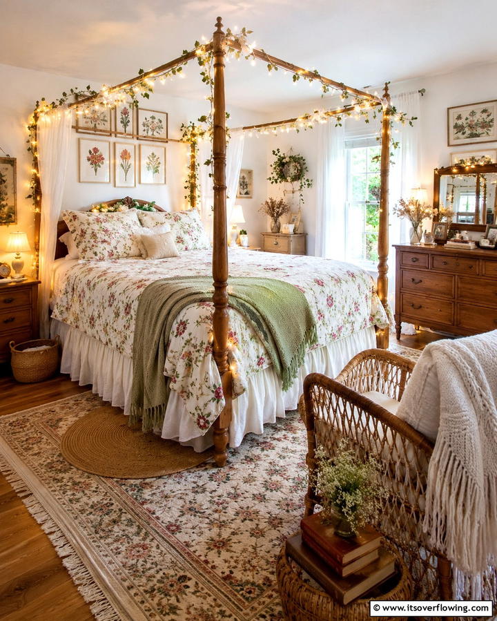 Soft Lighting with String Lights - 25 Cottagecore Bedroom Ideas- Cozy & Rustic Designs