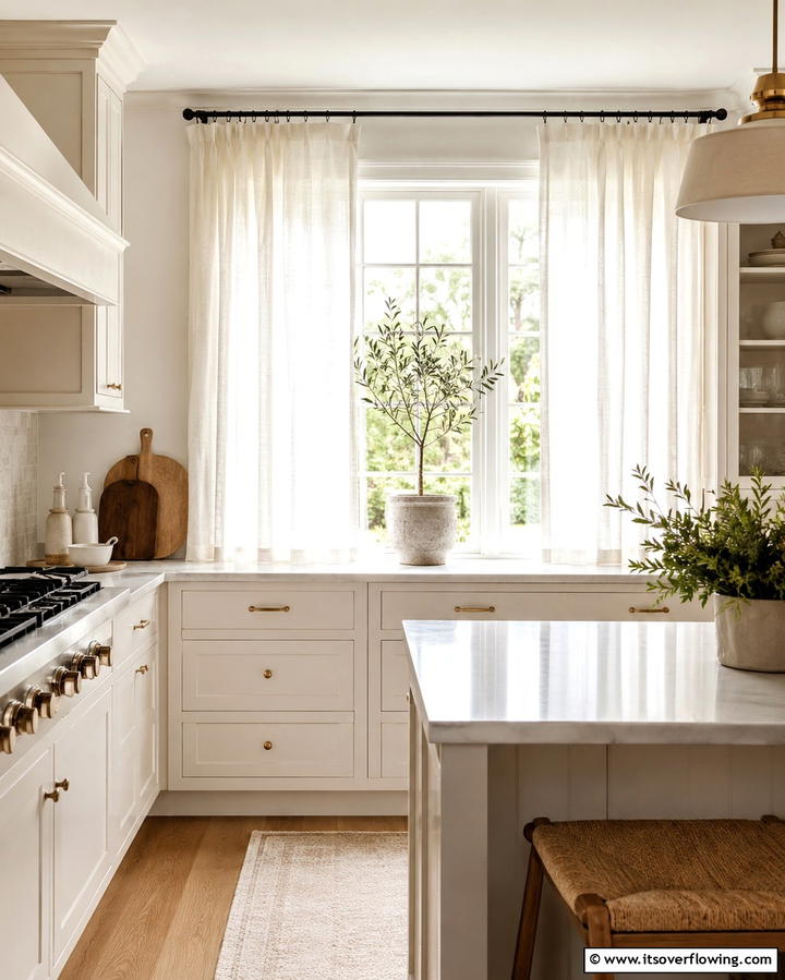 Soft Linen Curtains - 30 Charming White Farmhouse Kitchen Inspirations