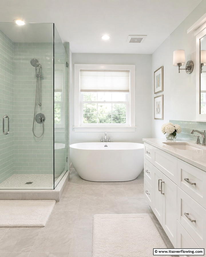 Soft Mint Subway Tiles - 30 Green Bathroom Tile Design Ideas for a Refreshing Oasis