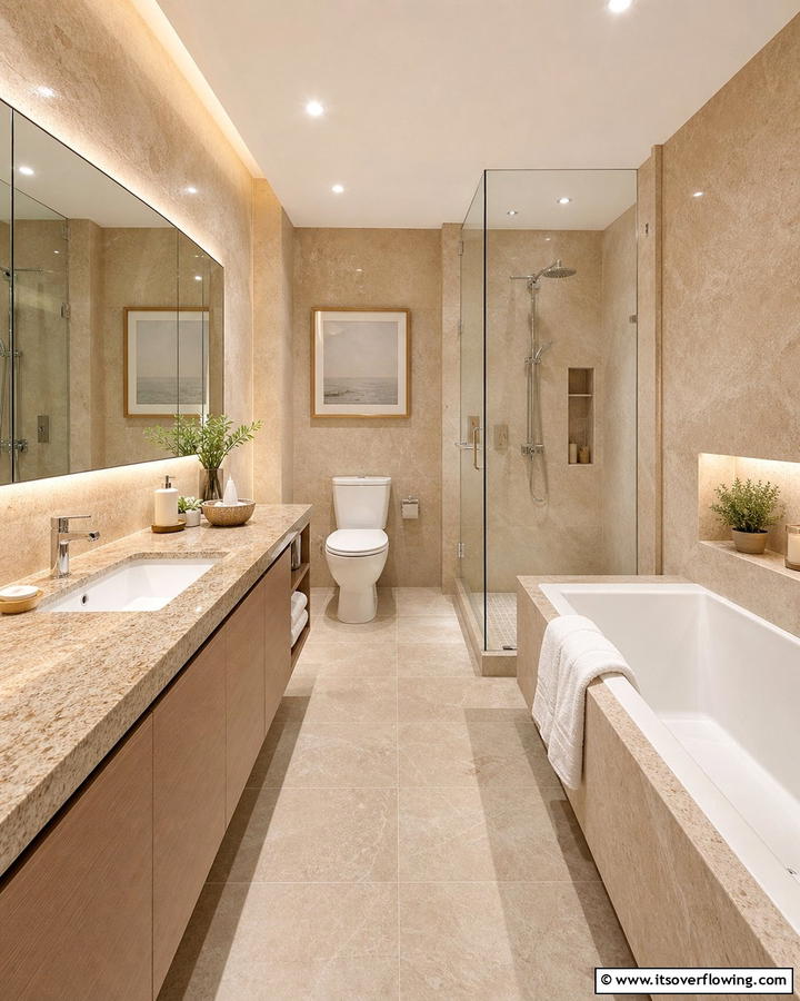 Soft Neutrals with Light Brown Granite and Beige Accents - 20 Elegant Brown Granite Bathroom Ideas for a Luxurious Look