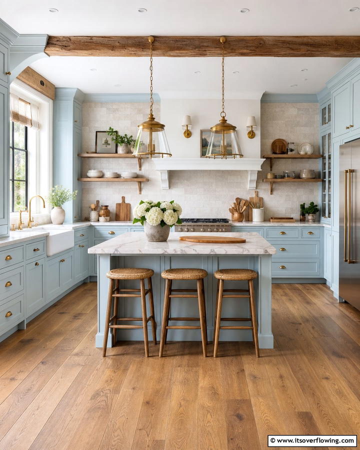 Soft Pastel Blue Cabinets - 20 Blue French Country Kitchen Ideas- Charming & Bright