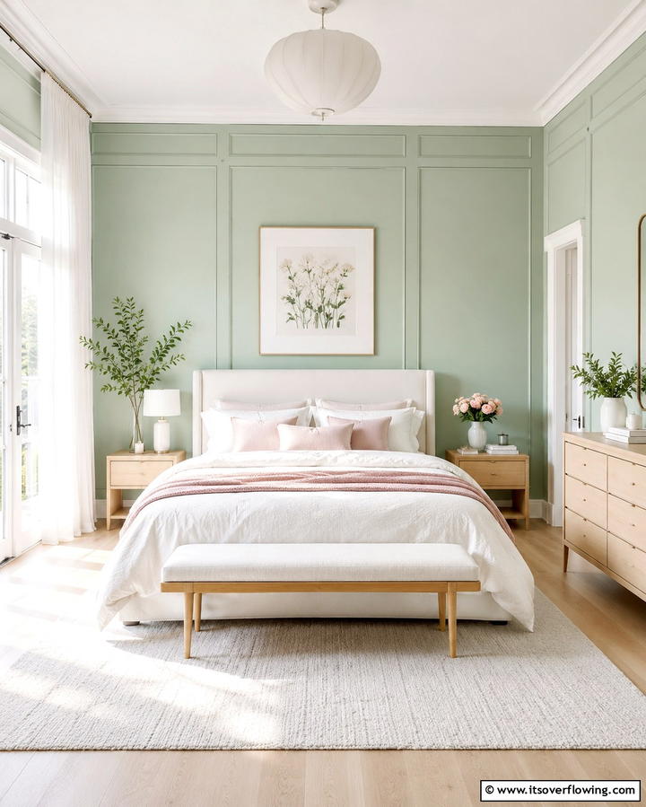 Soft Pastel Green Panels - 30 Green Panelling Ideas for a Serene Bedroom