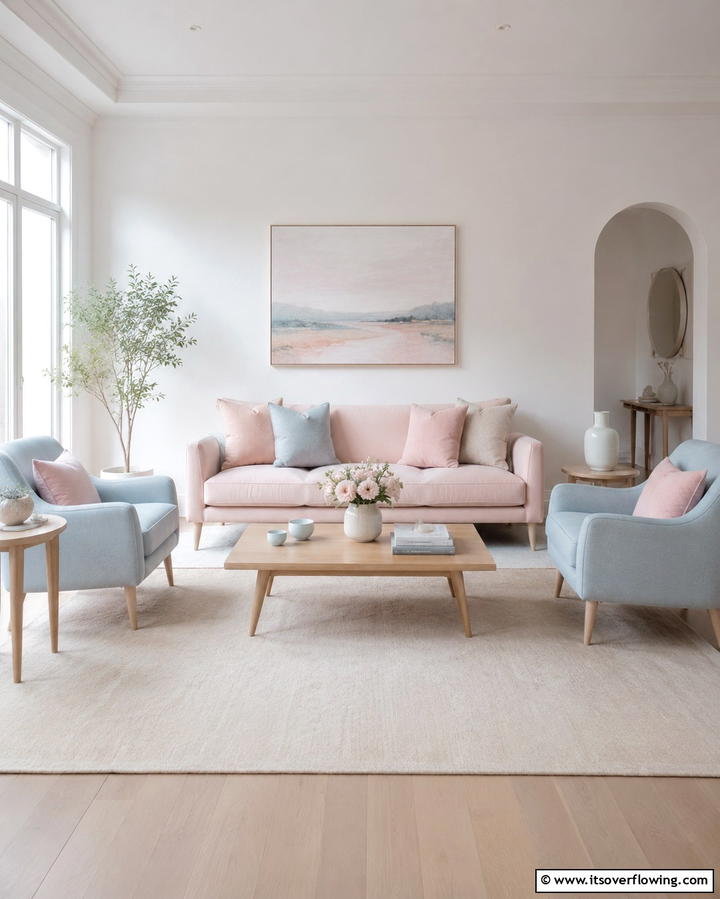Soft Pastel Harmony - 25 Pink and Blue Living Room Ideas for a Vibrant Space