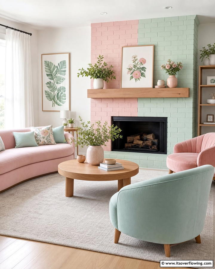 Soft Pastel Harmony - 21 Painted Brick Fireplace Makeovers for Modern Interiors