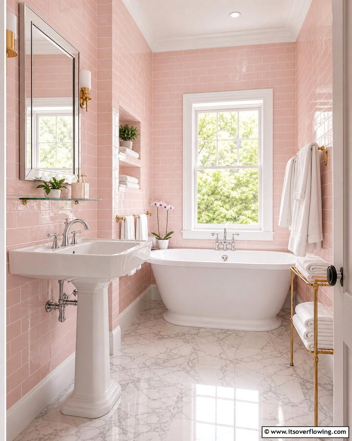 Soft Pink Subway Tiles for a Classic Look - 20 Pink Tile Bathroom Ideas for a Vibrant Look