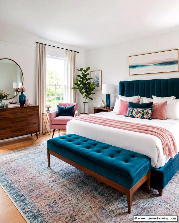 Soft Pink Upholstered Headboard - 30 Teal and Pink Bedroom Ideas for Bold Modern Design
