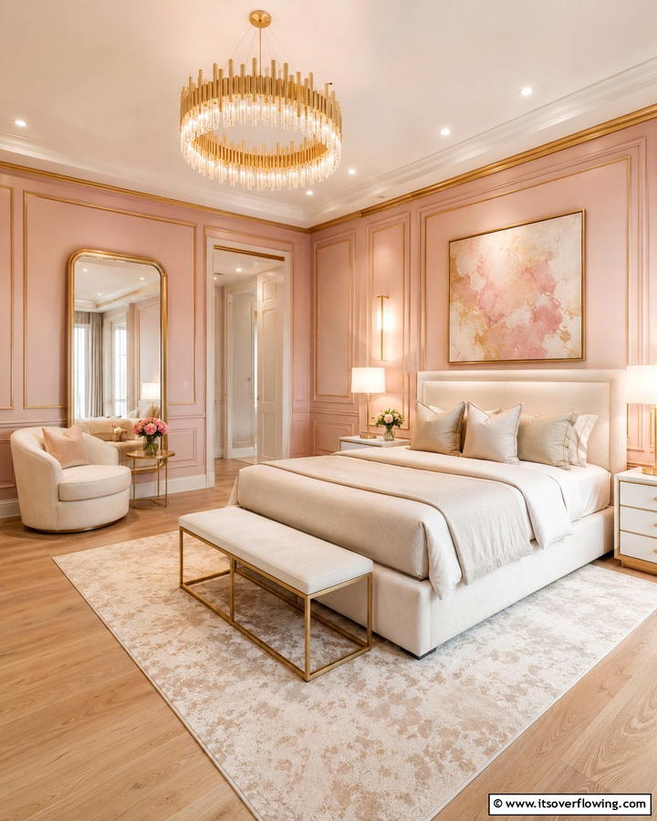 Soft Pink Walls with Gold Accents - 25 Pink and Gold Bedroom Ideas for a Luxurious Retreat
