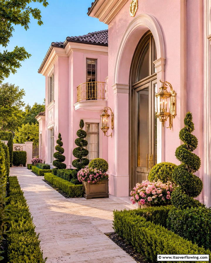 Soft Pink with Gold Accents - 25 Pink House Exterior Ideas for a Charming Look
