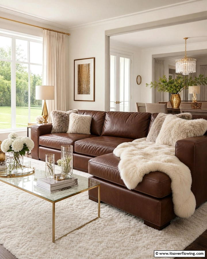 Soft Touch with Sheepskin Throws - 25 Brown Leather Couch Living Room Ideas