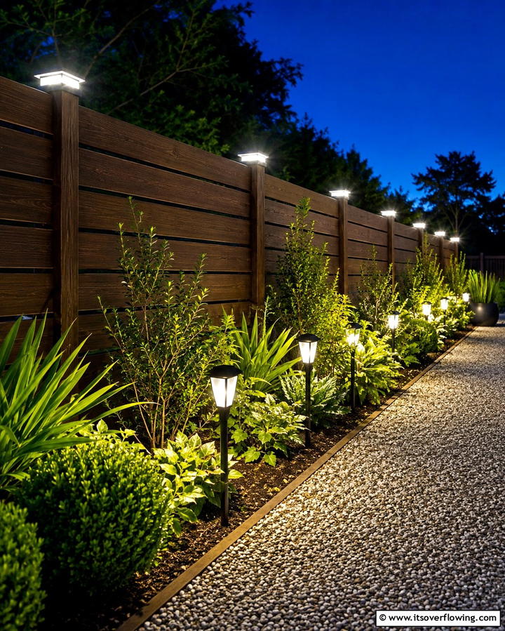 Solar Powered Light Accents - 30 Simple Fence Line Landscaping Ideas for Curb Appeal